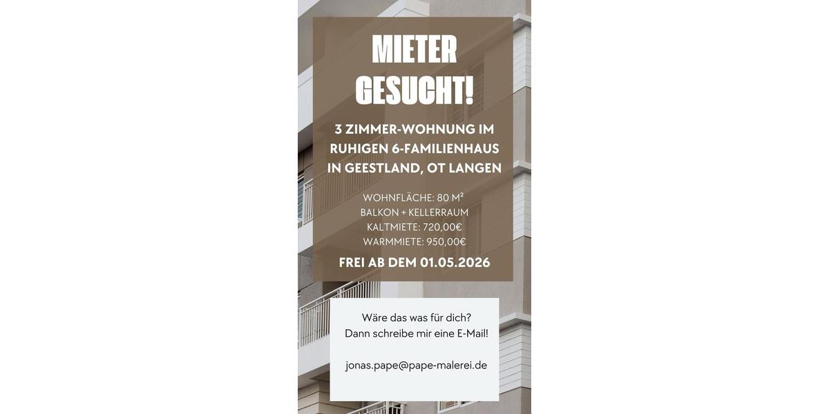 Etagenwohnung Geestland - 3 Zimmer, 80 m&sup2;, 950&euro; | Angebot:25286497