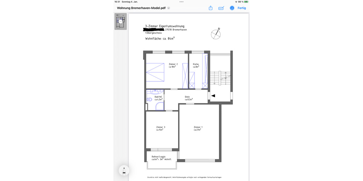 Etagenwohnung Bremerhaven Leherheide - 3 Zimmer, 87 m&sup2;, 175.000&euro; | Angebot:24507143