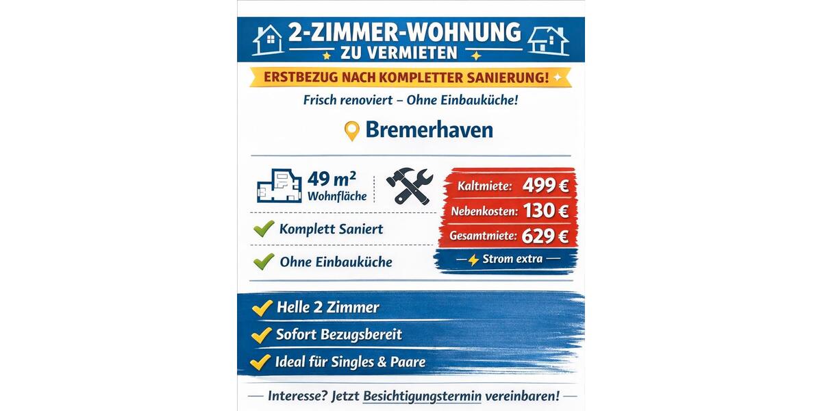 Etagenwohnung Bremerhaven Leherheide - 2 Zimmer, 49 m&sup2;, 629&euro; | Angebot:25395189